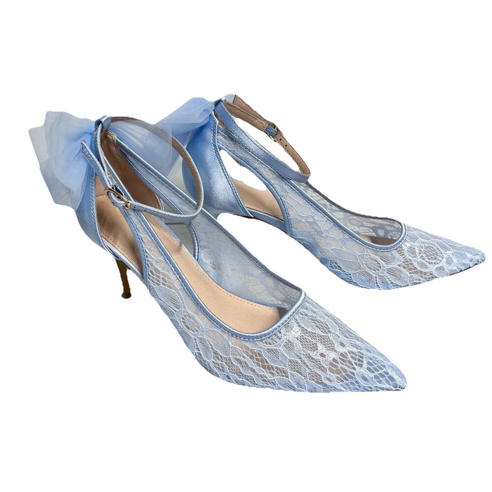 Coutgo Baby Blue Satin Lace High Heel Shoes size 9 Wedding Cocktail Formal Prom